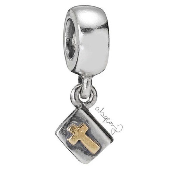 EUC Pandora 790409 Sterling Silver Bible Dangle Bead w/ 14k Yellow Gold Cross - Picture 1 of 10